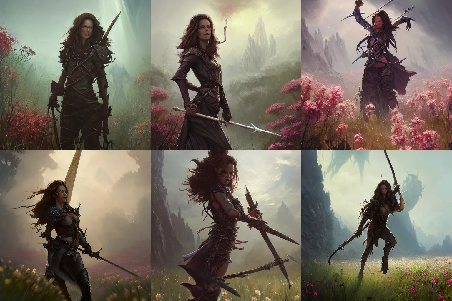 Prompt: kate beckinsale impale pathfinder goblin with spear on the distance, perspective, on the field of flowers, oil painting, Tooth Wu, Greg Rutkowski, RPG portrait, dynamic lighting, fantasy art, High contrast, colorfull, godrays, depth of field