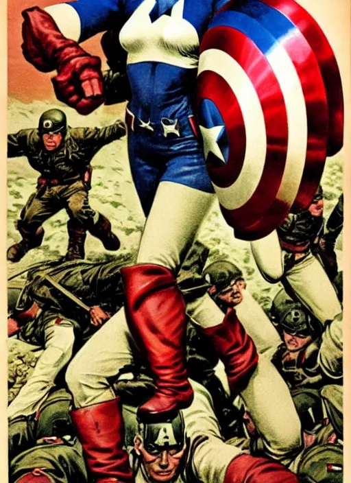 Image similar to beautiful female captain america standing on a pile of defeated german soldiers. feminist captain america wins wwii. american wwii propaganda poster by james gurney