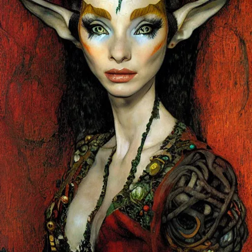 Image similar to head and shoulders portrait of a female elf sorcerer, royo, klimt, miro, vallejo, frazetta, giger, whealan