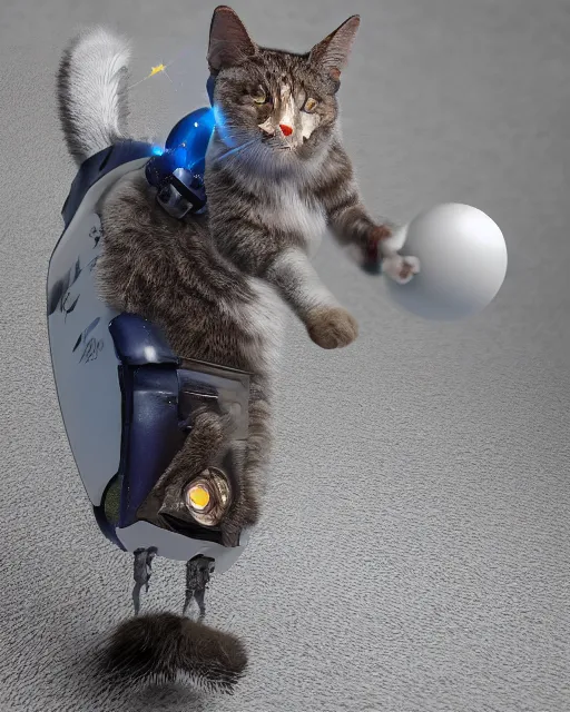 Prompt: cat with jet pack and a laser gun and cyborg blue left eye, standing on his back legs, photorealistic, 8 k render cycles, smooth, complex, insanely detailed, art by woo kim, antilous chao