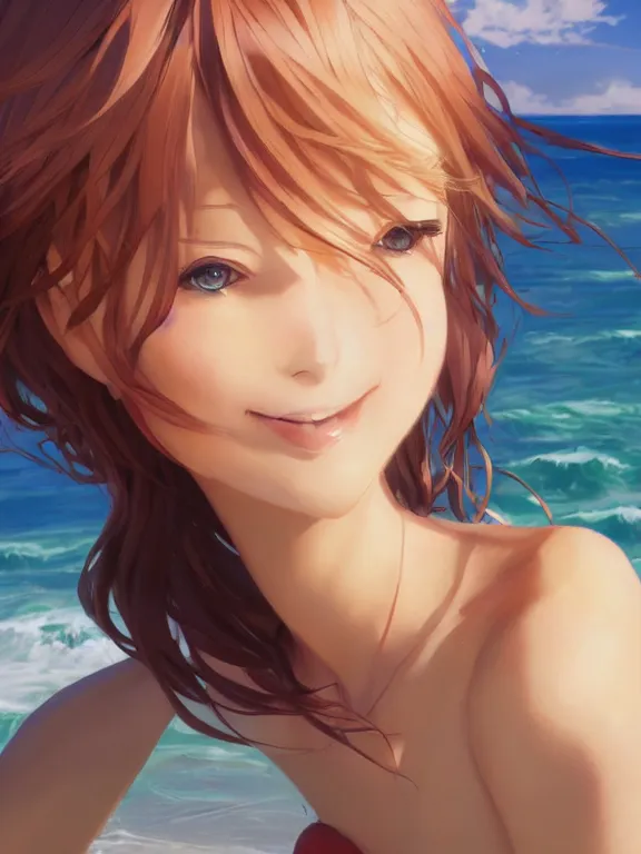 Image similar to A portrait of a smiling anime woman on the beach near the ocean, by Stanley Artgerm Lau, WLOP, Rossdraws, James Jean, Andrei Riabovitchev, Marc Simonetti, and Sakimi chan, anime portrait, official anime artwork