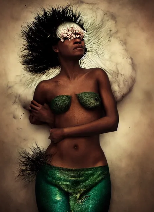 Image similar to Kodak Portra 400, 8K, soft light, volumetric lighting, highly detailed, britt marling style 3/4 by Martin Stranka , extreme Close-up portrait photography of ZoeSaldana as beautiful black skinned mermaid la sirene Haitian god, white lilies, shells, bubbles, how pre-Raphaelites,inspired by Ophelia by Martin Stranka, the face emerges from water of Pamukkale, underwater face, hair are intricate with highly detailed realistic beautiful brunches and flowers like crown, Realistic, Refined, Highly Detailed, soft blur background, outdoor soft pastel lighting colors scheme, outdoor fine art photography, Hyper realistic, photo realistic