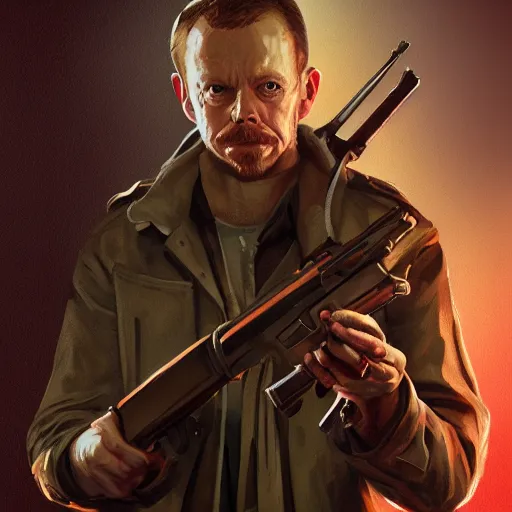 Image similar to simon pegg portrait, horror core, apocalyptic, winchester rifle in his hands, sharp focus, fiction, hyper detailed, digital art, trending in artstation, cinematic lighting, studio quality, smooth render, unreal engine 5 rendered, octane rendered, art style and nixeu and wlop and krenz cushart