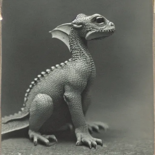 Image similar to victorian photograph of a baby dragon, cute, scaly, grainy photo, blurry, 1 9 0 0, 1 8 8 0 s