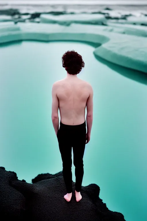 Prompt: high quality pastel coloured film mid angle docu photograph of a beautiful young 2 0 year old male, soft features, short black hair, clothed, in icelandic black rock pool environment. atmospheric. three point light. photographic. art directed. ( pastel colours ). volumetric light. clearcoat. waves glitch. 8 k. filmic.