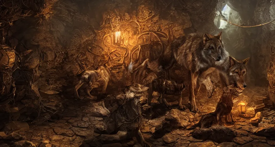 Prompt: wolves and their treasures. digital painting. dungeons, gold, translucent, intricate detail dynamic lighting, hyperrealistic, octane render, highly detailed concept art