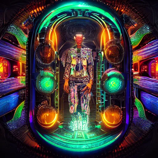 Image similar to symmetry!! a cyberpunk dogon priest opening a steampunk neon portal in the solarpunk village, alien cold fusion time machine, by machina infinitum and android jones, surreal psychedelic portrait style, dim lit, rim light, intricate and detailed environment, radiant lighting, fractal with infinite intricacy background, rendered in octane,