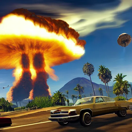 Image similar to nuclear explosion, huge mushroom cloud, grand theft auto 5 screenshot