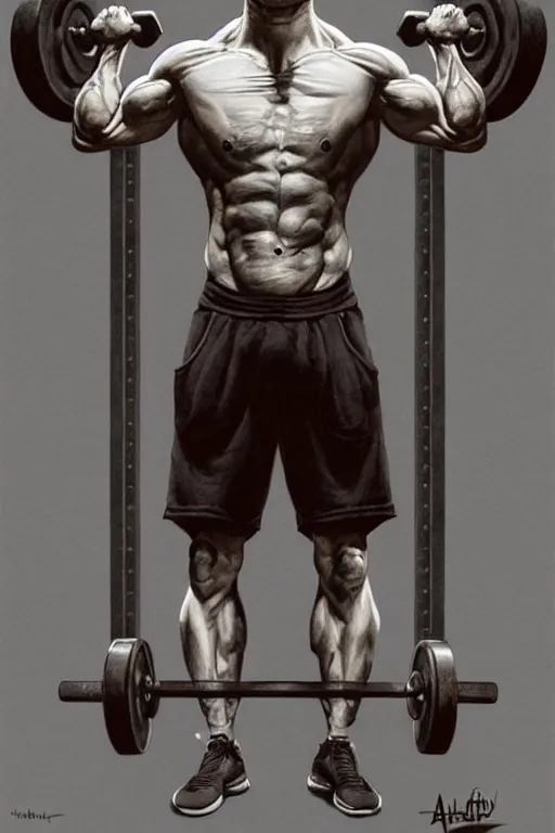 Image similar to highly detailed rendering of Daniel Radcliffe as Harry Potter doing barbell back squats, dingy workout gym, wearing a muscle tee shirt, muscular deep squats, symmetrical, highly detailed, digital painting, artstation, concept art, smooth, sharp focus, illustration, cinematic lighting, art by artgerm and greg rutkowski and alphonse mucha