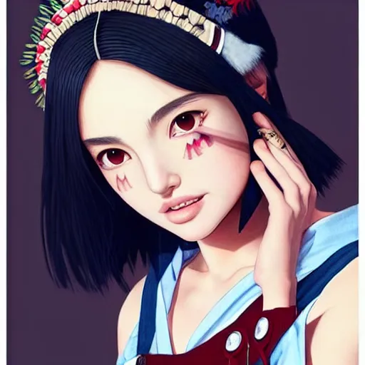 Image similar to a beautiful young japanese natalie portman alluring gravure model, wearing elegant designer overalls, elegant overalls with mesoamerican patterns, mesoamerican native street fashion, princess mononoke, by and wlop and ilya kuvshinov and artgerm and, aesthetic, gorgeous, stunning, alluring, attractive, artstation, pinterest, digital art