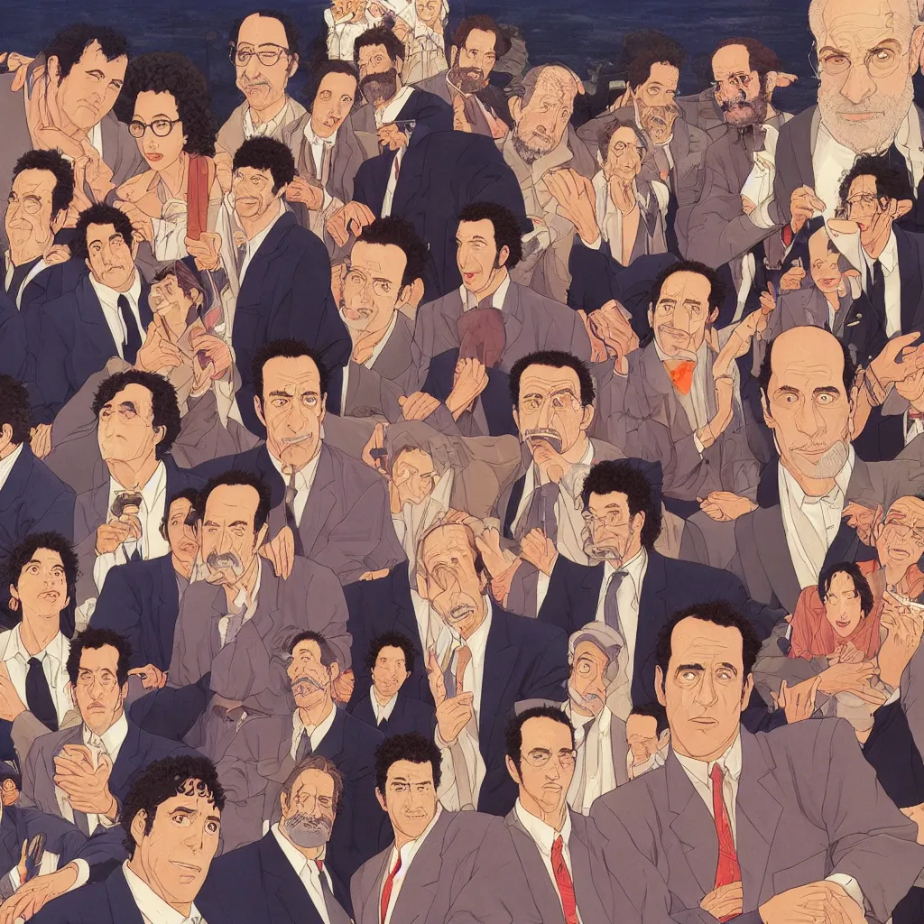 Prompt: highly detailed illustration of all the known species of seinfeld cast, jewish, yiddish, kosher and gentile by juan gatti, by makoto shinkai, by moebius!, by oliver vernon