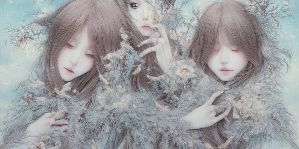 Image similar to breathtaking delicate detailed concept art winter creatures, by miho hirano, bizarre compositions, exquisite detail, pastel colors, 8 k