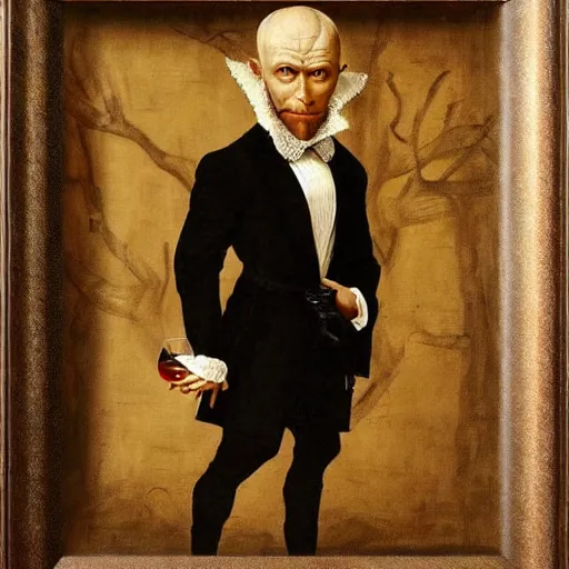 Prompt: portrait painting of the groot as a gentleman wearing tuxedo drinking wine, style by leonardo da vinci, masterpiece, artwork