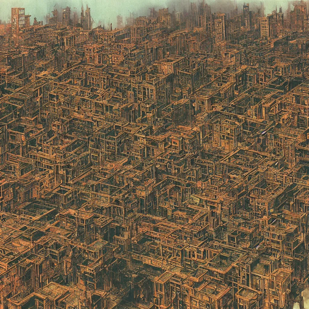 Image similar to gothic kowloon walled city by syd mead