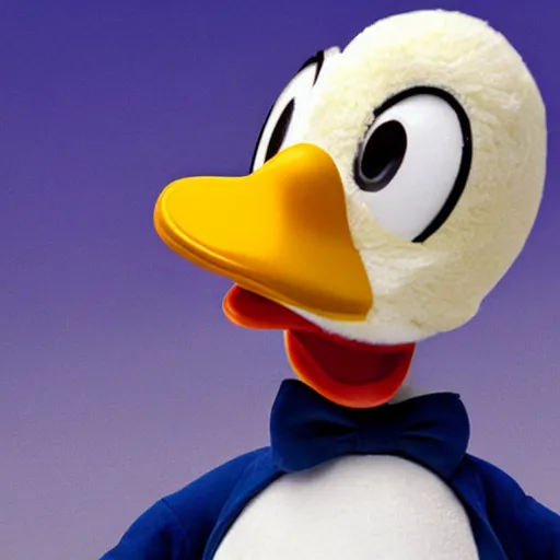 Prompt: close up of donald duck putting a duck in his mouth