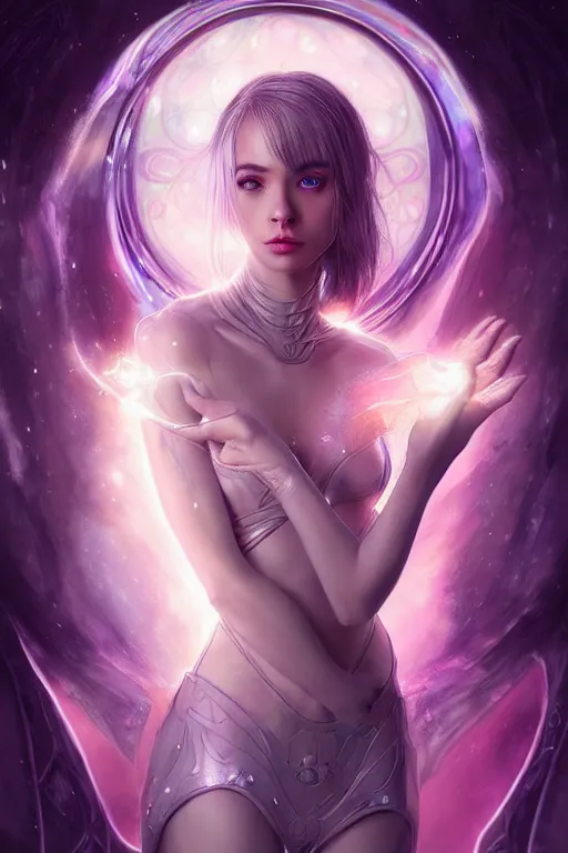 Prompt: a photographic portrait of an attractive young girl, partially clothed in ethereal armor, surrounded by colorful transparent plasma, emitting psychic powers, beautiful bone structure, perfectly proportioned face, perfect eyes, intricate, elegant, highly detailed, hyper detailed, trending on tumblr, by artgerm, by loish, fantasy scene, fantasy aesthetic, from Valerian and the City of a Thousand Planets, trending on Artstation