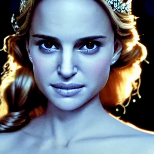 Prompt: princess elsa played by a young natalie portman with smooth skin and light blue eyes, ethereal, mystic, medium shot, detailed eyes, vivid, golden hour