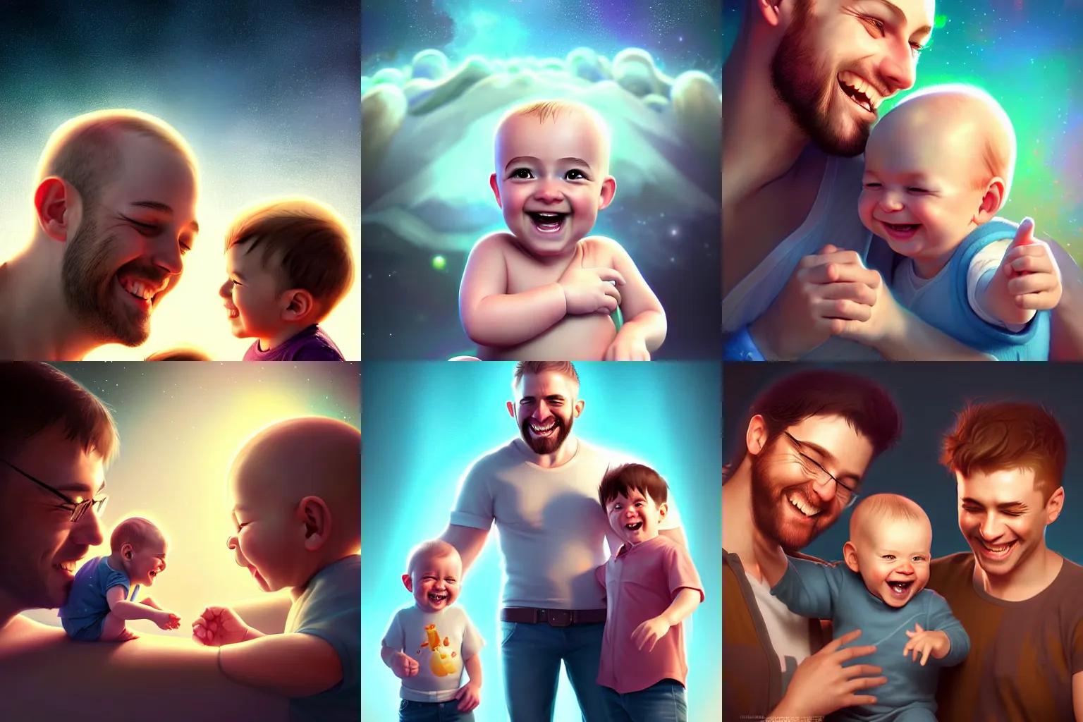 Prompt: epic professional digital art of a happy baby boy with his two fathers, best on artstation, cgsociety, wlop, cosmic, epic, stunning, gorgeous, much detail, much wow, masterpiece W 1024
