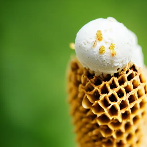 Prompt: a detailed photograph of an ice cream cone filled with nothing but bees