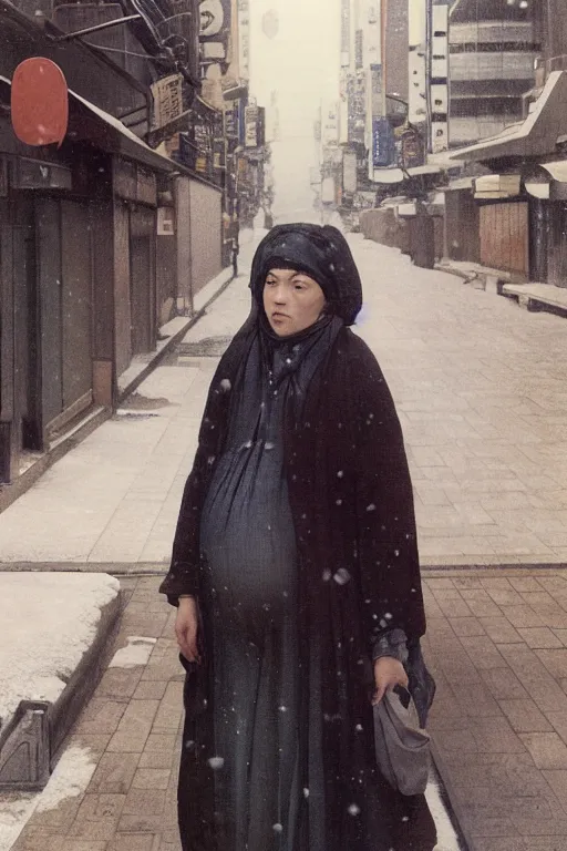 Prompt: Full-length portrait of a pregnant man on the streets of Tokyo, historically reliable photo chronicle, winter, 1975, ultra detailed digital art, octane render, 4K, by John William Waterhouse and Edwin Longsden Long and Theodore Ralli and Nasreddine Dinet