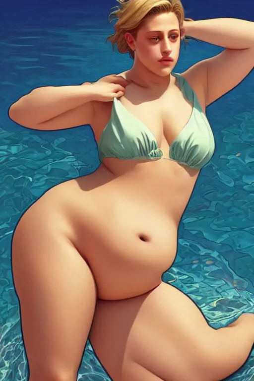Prompt: obese lili reinhart in swimsuit, realistic, symmetrical, highly detailed, digital painting, artstation, concept art, smooth, sharp focus, illustration, cinematic lighting, art by artgerm and greg rutkowski and alphonse mucha