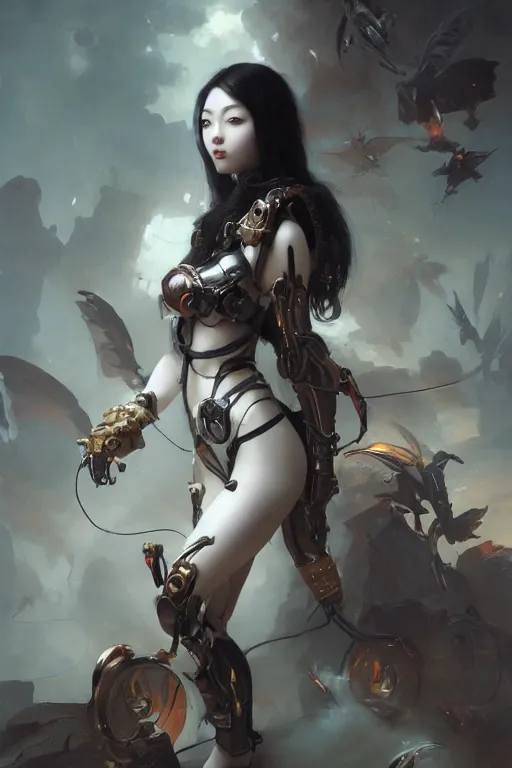 Prompt: Beautiful pale warhammer 40000 goth asian girl with mechanical wings and many wires, masterpiece 4k digital illustration by Ruan Jia and Mandy Jurgens and Artgerm and william-adolphe bouguereau, highly detailed, trending on artstation, award winning,