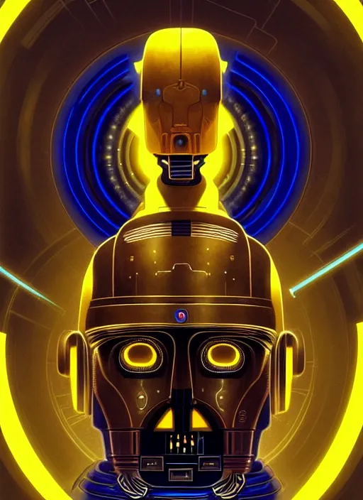 Image similar to symmetry portrait of c 3 p 0, sci - fi, tech wear, blue and yellow glowing lights, intricate, elegant, highly detailed, digital painting, artstation, concept art, smooth, sharp focus, illustration, art by artgerm and greg rutkowski and alphonse mucha