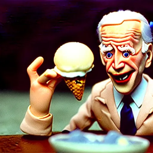 Image similar to claymation joe biden insatiable hunger for ice cream by jan svankmajer, hyperrealistic, very detailed, tim burton, 3 5 mm film still, gothic, horror, eldritch