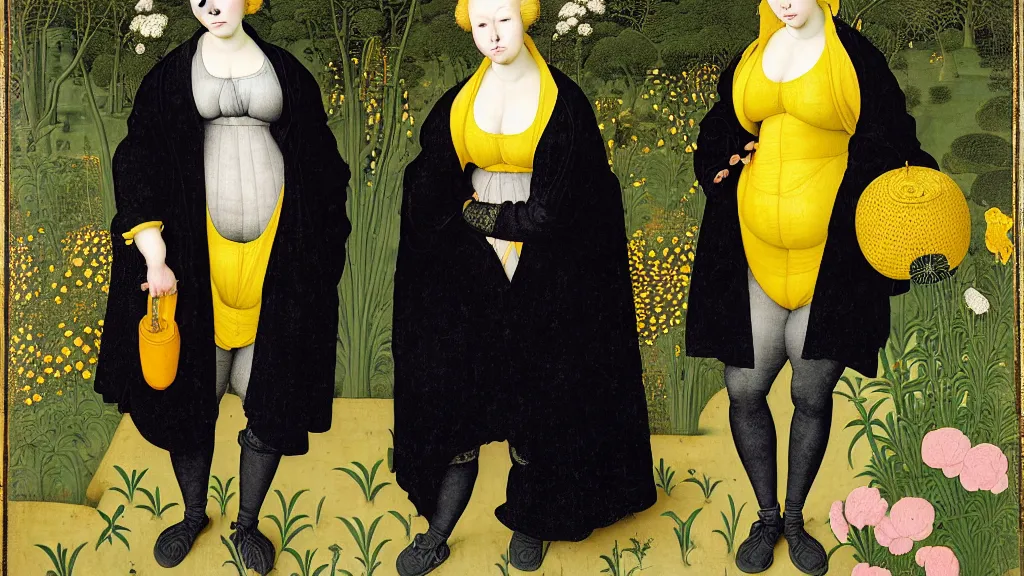 Prompt: portrait of a curvy woman with yellow hair buns, wearing a black raincoat and leggings, standing in a garden full of plants and flowers, intricate details, high detail, in the style of rogier van der weyden and jacopo da pontormo, punk, asian art,