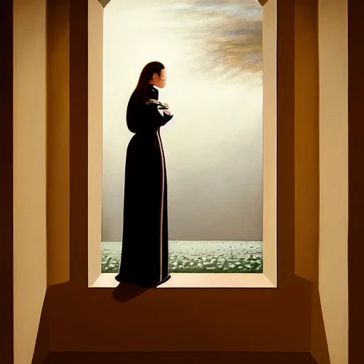 Image similar to natural, aesthetic by joel rea, by jeff wall, by josef capek. a experimental art of a beautiful young woman seated at a window, looking out at the viewer with a serene expression on her face. the light from the window illuminates her features & creates a warm, inviting atmosphere. the essence of beauty & tranquility.