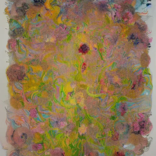 Prompt: subtle, a e s t h e t i c illuminated codex gilded by donna huanca. assemblage. this illustration is a large canvas, covered in a wash of color. in the center is a cluster of flowers, their petals curling & twisting in on themselves. the effect is ethereal & dreamlike, & the overall effect is one of serenity & peace.