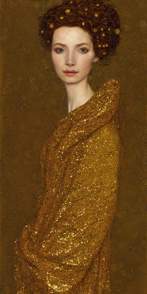 Prompt: highly detailed portrait of an elegant lady in a golden sequin shawl, finer details, concept art, smooth, sharp focus, illustration, by gustav klimt, trending on artstation.