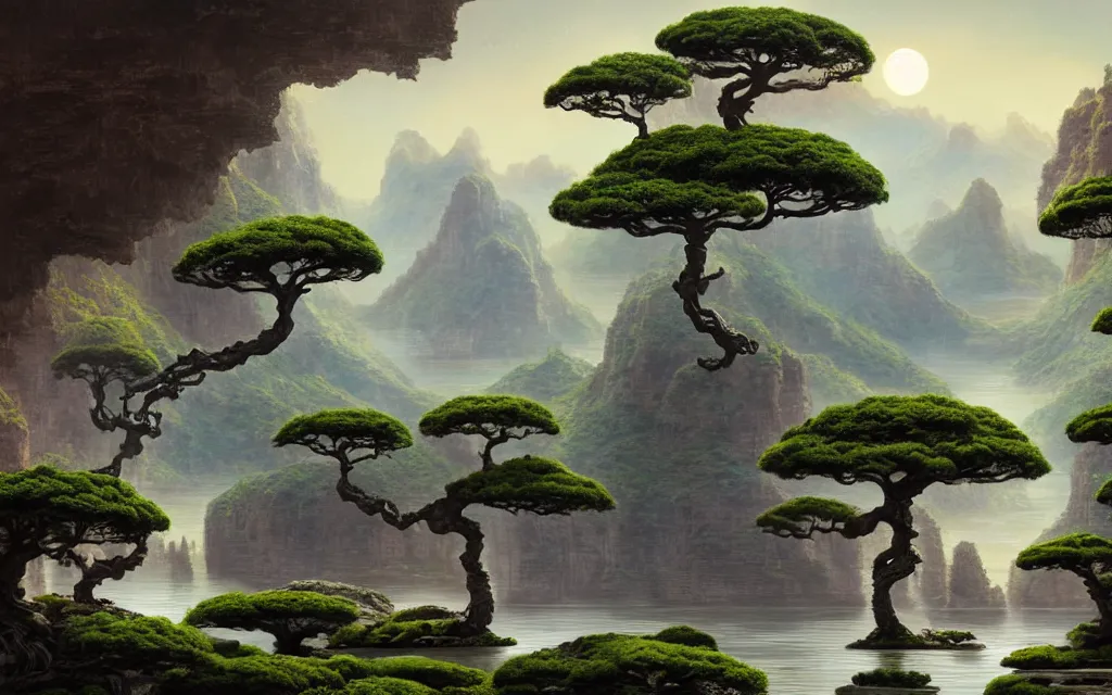 Image similar to a beautiful highly detailed matte painting of an alien planet with giant bonsai trees with a lake surrounded by a canyon and ruins. by dylan cole concept art