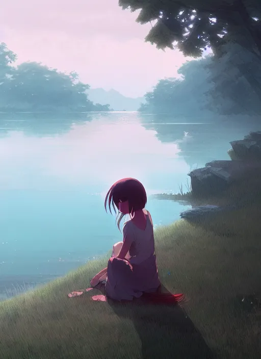 Image similar to girl near the lake, rainy, touching a long neck monster, illustration concept art anime key visual trending pixiv fanbox by wlop and greg rutkowski and makoto shinkai and studio ghibli