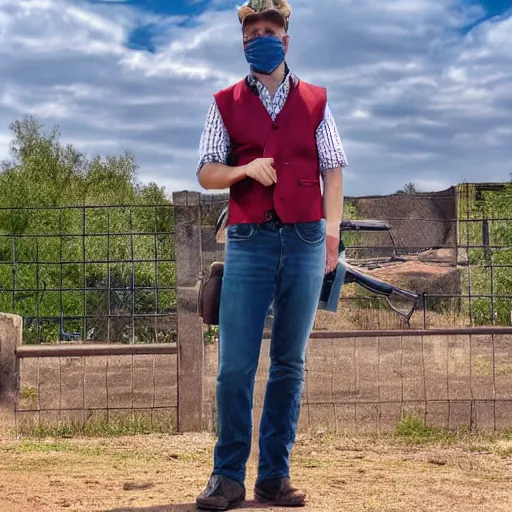 Image similar to Young man standing looking to the right in a red bandana, blue striped shirt, gray vest and a gun with a partly cloudy sky in the background. The young man is standing in front of an iron fence. Photograph. Real life