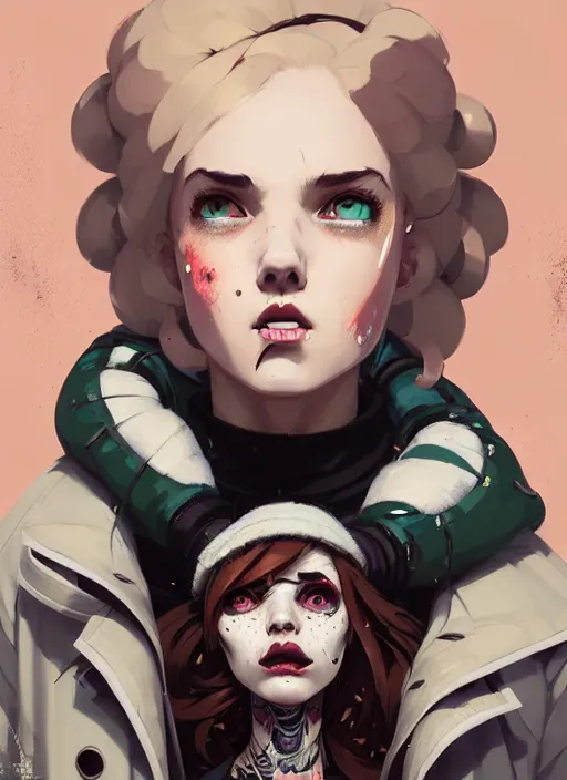 Image similar to highly detailed portrait of a sewer punk lady, tartan hoody, white ringlet hair by atey ghailan, by greg rutkowski, by greg tocchini, by james gilleard, by joe fenton, by kaethe butcher, gradient peach, brown, blonde cream and white color scheme, grunge aesthetic!!! ( ( graffiti tag wall background ) )