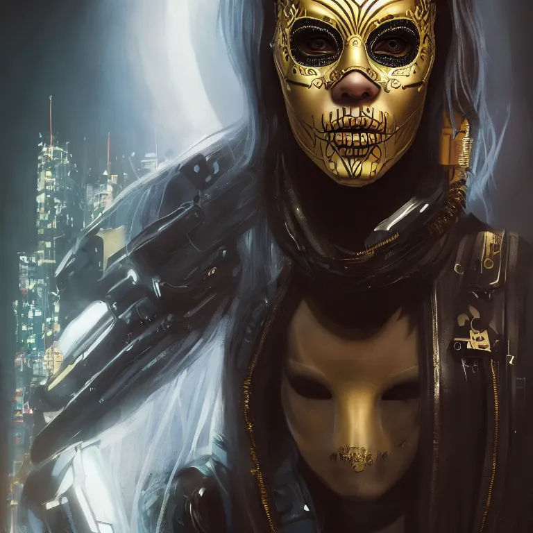 Image similar to cyberpunk female with a gold accented metallic sugar skull mask, concept art by jama jurabaev, cinematic shot, trending on artstation, hybrid from the elden ring and art direction by darius zawadzki ; by artgerm ; wayne reynolds art station ; cinematic quality character render ; low angle ; ultra high quality model ; production quality cinema model