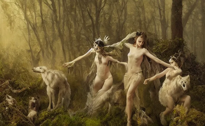 Image similar to a female spectral figure with leaves and feathers twisted in their hair is coming out of the fog with their pack of wolves, moss growing on their clothes, destructive magic pulsing at their fingertips, a spectacular intricate moody biedermeier painting, cgsociety