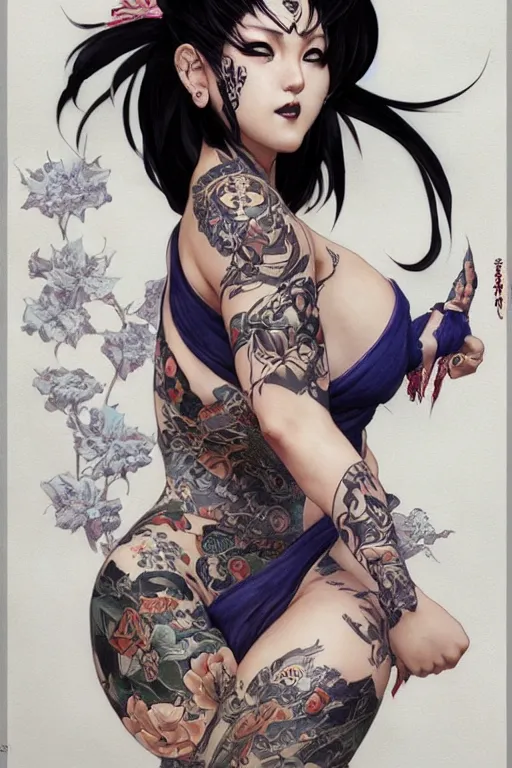 Image similar to portrait of goth Chun Li with yakuza tattoos, Street fighter, intricate, elegant, highly detailed, digital painting, artstation, concept art, smooth, sharp focus, illustration, art by artgerm and greg rutkowski and alphonse mucha