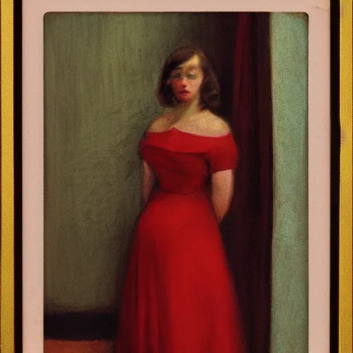 Image similar to an elegant girl in a liminal abandoned room, red and gold, old polaroid by goya, by hopper, digital painting, jugendstil, art noveau, strong lights, flat colors, pastel colors,