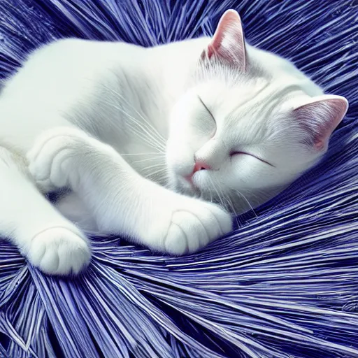 Prompt: a superhero white cat with spandex suit and cape sleeping curled up on bed of pine needles, digital art