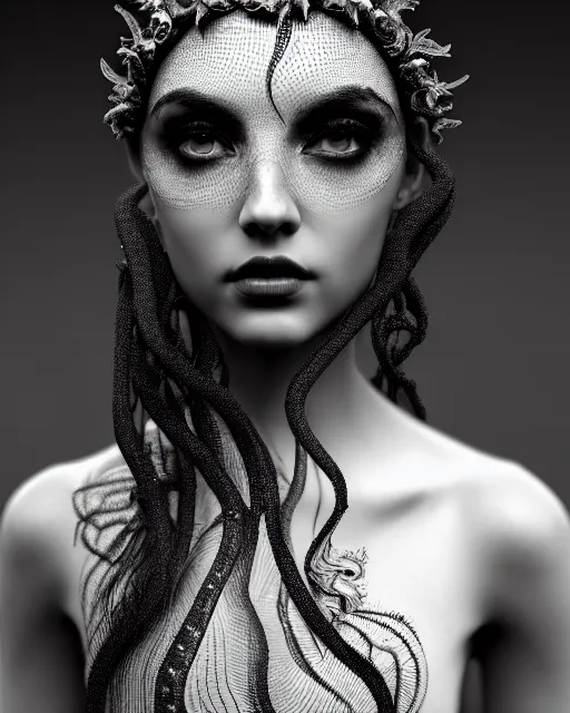 Image similar to surreal mythical dreamy artistic black and white fine art photo of a beautiful young female queen - medusa - vampire - cyborg covered with lace fish scales and translucent algae, highly detailed, intricate crystal ivy lace jelly fish scales ornate, poetic, octane render, 8 k, photo - realistic