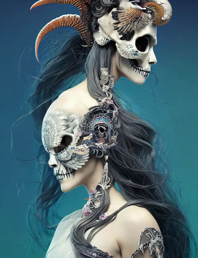 Image similar to 3 d goddess skull half - turn portrait with long hair with ram skull. beautiful intricately detailed japanese crow kitsune mask and clasical japanese kimono. betta fish, jellyfish phoenix, bio luminescent, plasma, ice, water, wind, creature, artwork by tooth wu and wlop and beeple and greg rutkowski