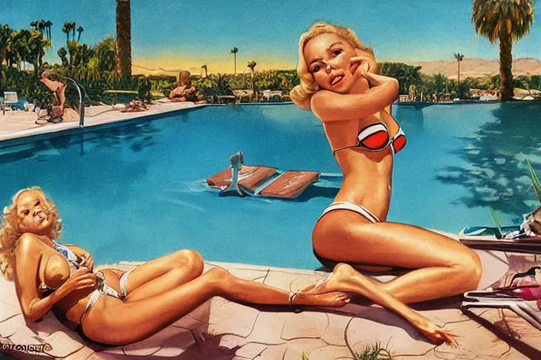 Prompt: portrait of tuesday weld in a bikini lounging next to a palm springs midcentury swimming pool by earl norem and greg hildebrandt