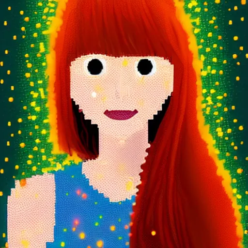 Image similar to portrait of a red haired girl softly smiling among fireflies, with long hair, green eyes, round face, hint of freckles, colorful pixel art