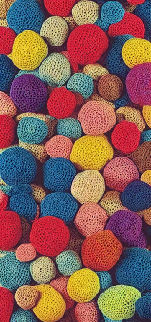 Prompt: multicolored crocheted blobs and pieces, 1 9 8 0 s catalogue photo
