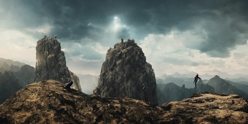 Image similar to the top of a mountain, a man standing in the background and preparing to climb, epic composition, epic lighting, detailed and intricate image, cinematic, 4K