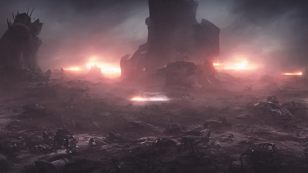 Image similar to an epic battle between two alien civilizations over a destroyed earth, scifi post apocalyptic scene with volumetric fog, cinematic lighting