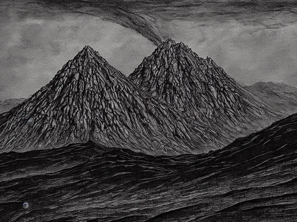 Prompt: Tolkien Lord of the Rings landscape Mount Doom Mordor in the style of HR Giger