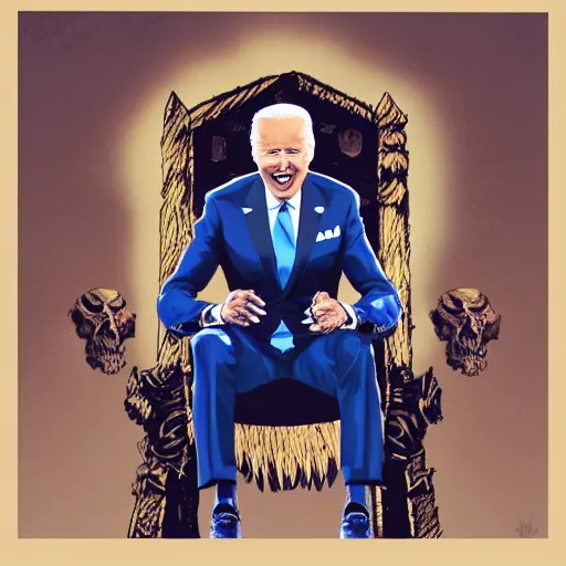 Image similar to Joe Biden sitting on a throne of skulls, digital painting, trending on artstation